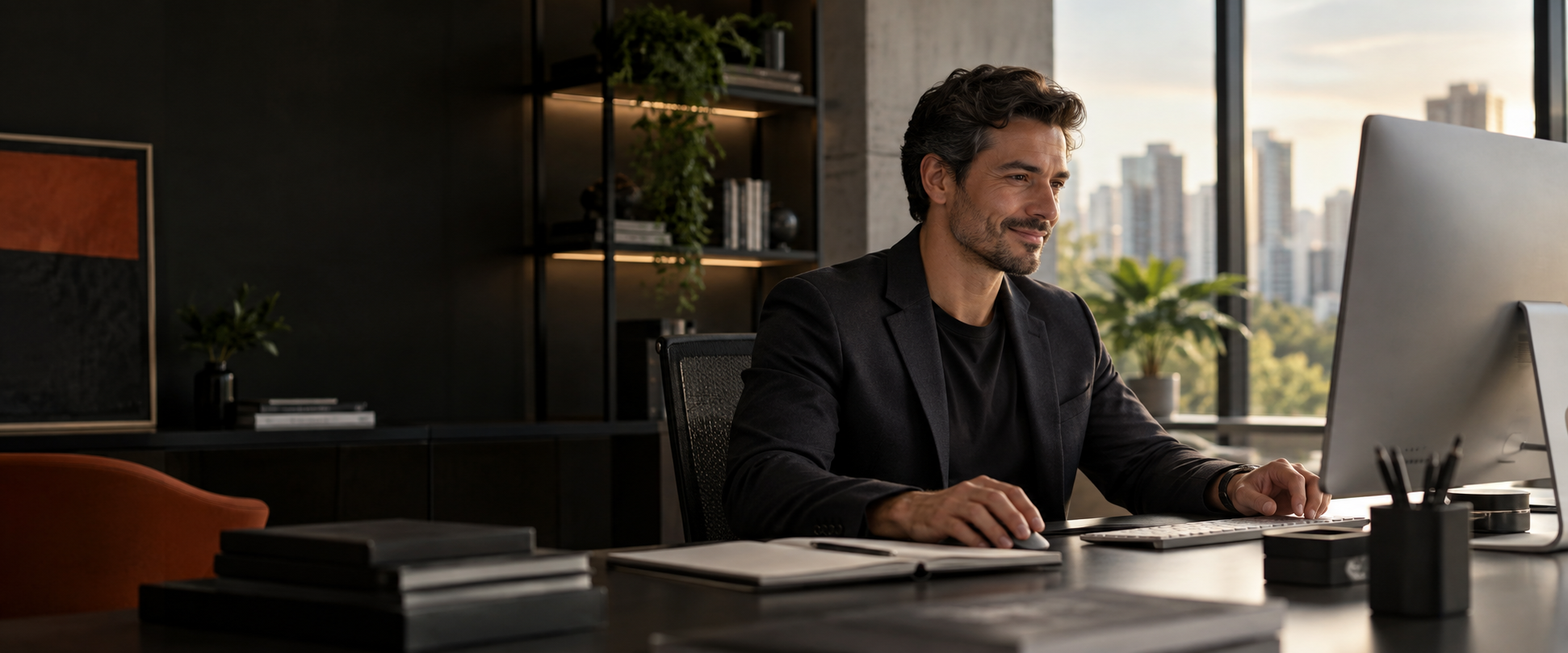 Profissional satisfeita observa o avanço do trabalho na tela do computador